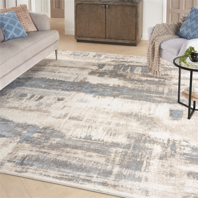 Nourison Solace Rectangle Polypropylene Polyester Area Rug in Ivory/Gray/Blue