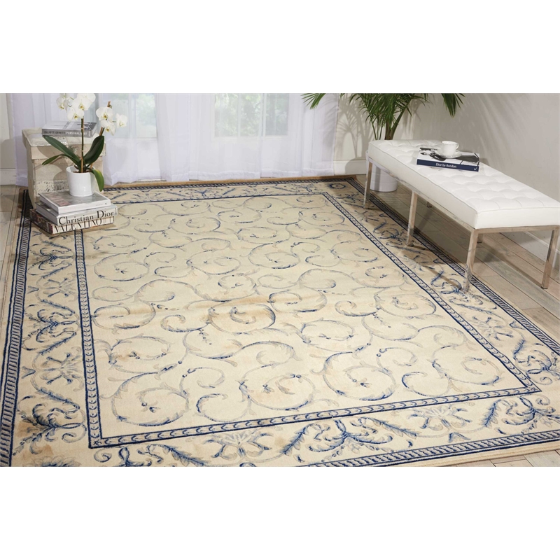 Nourison Somerset Rectangle Traditional Polyester Acrylic Area Rug in Ivory/Blue