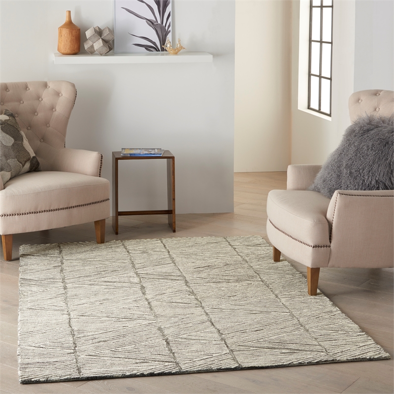 nourison vail 63x87&quot rectangle contemporary wool area rug in gray/white