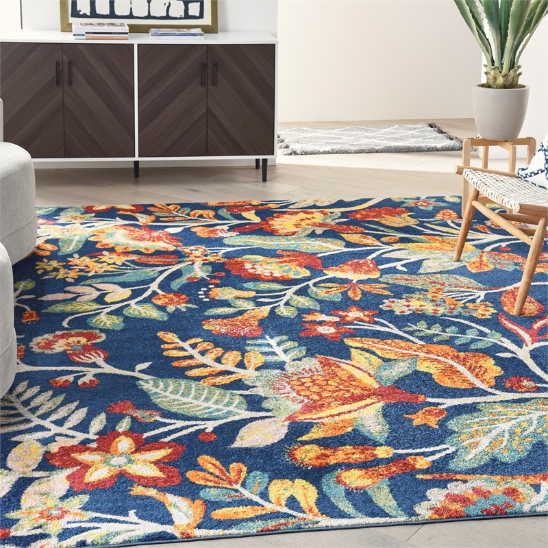 nourison allur 108x144&quot rectangle contemporary fabric area rug in navy/green