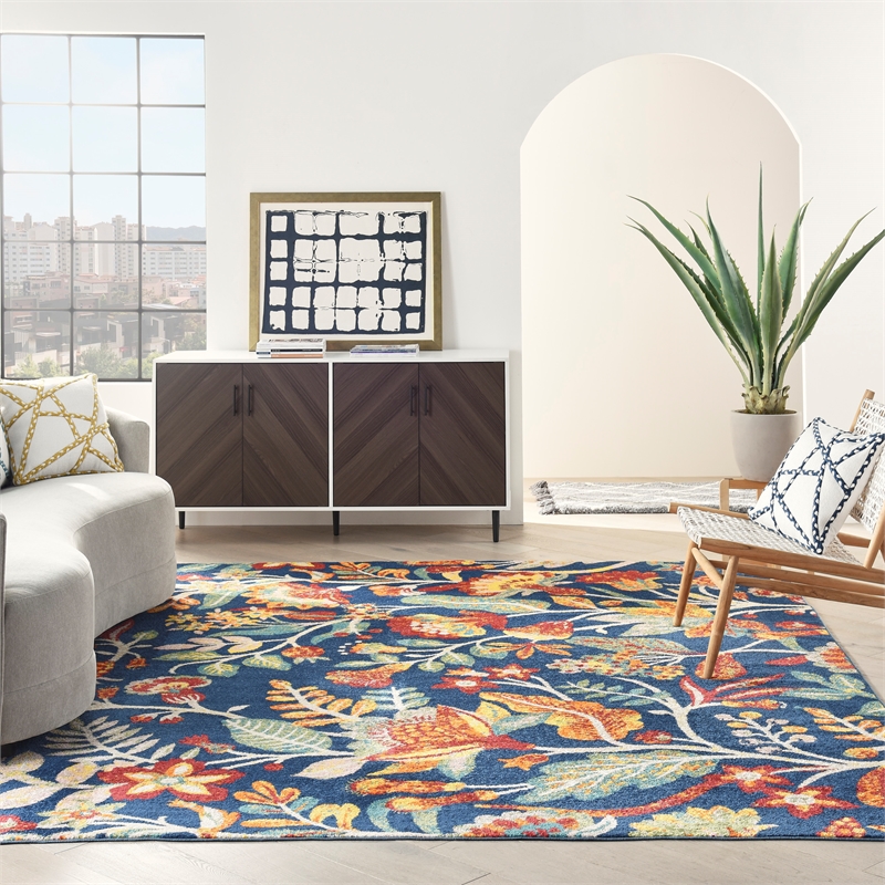 nourison allur 108x144&quot rectangle contemporary fabric area rug in navy/green