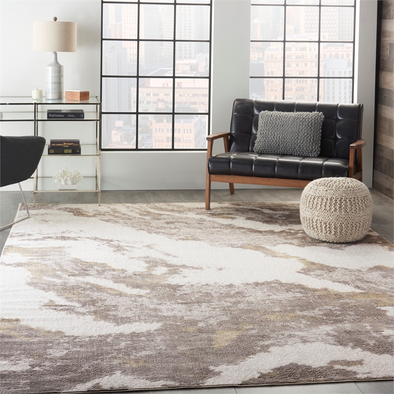 nourison sleek textures 111x153&quot rectangle fabric area rug in brown/ivory