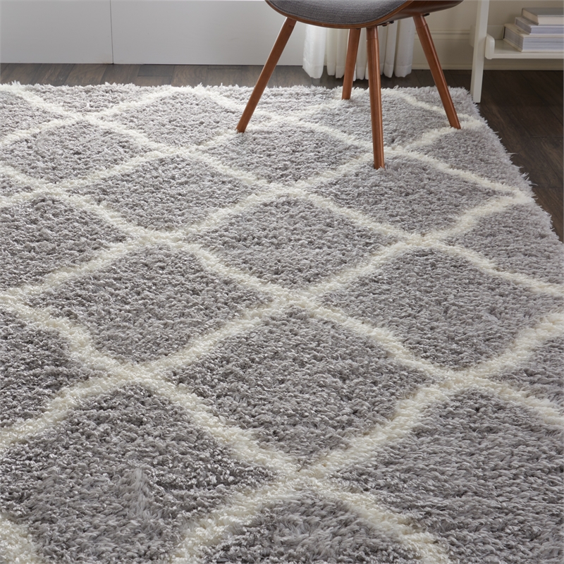 nourison ultra plush shag 108x144&quot rectangle fabric area rug in gray/ivory
