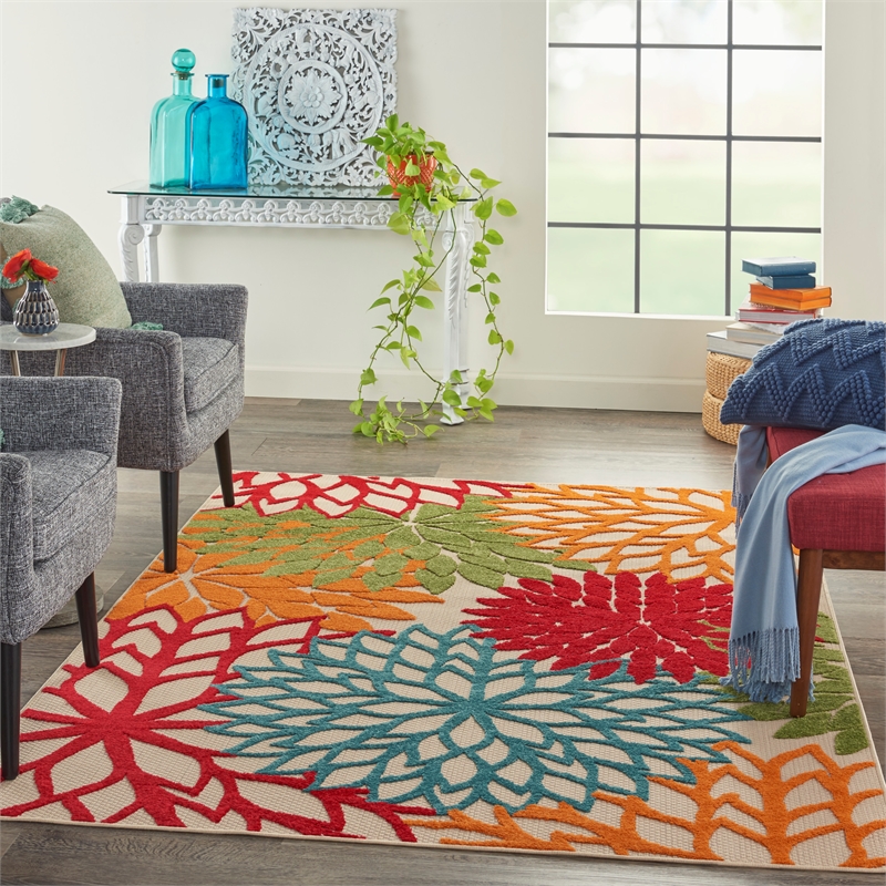 nourison aloha 4' x 6' green fabric tropical area rug (4' x 6')