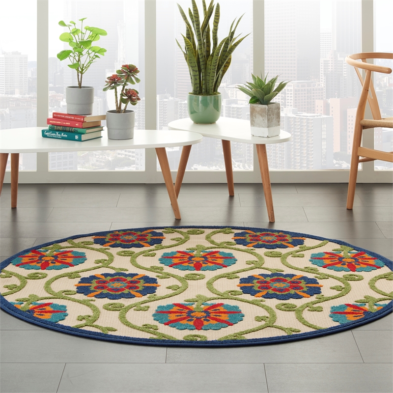 Nourison Aloha 4' x ROUND Blue/Multicolor Outdoor Indoor/Outdoor Rug