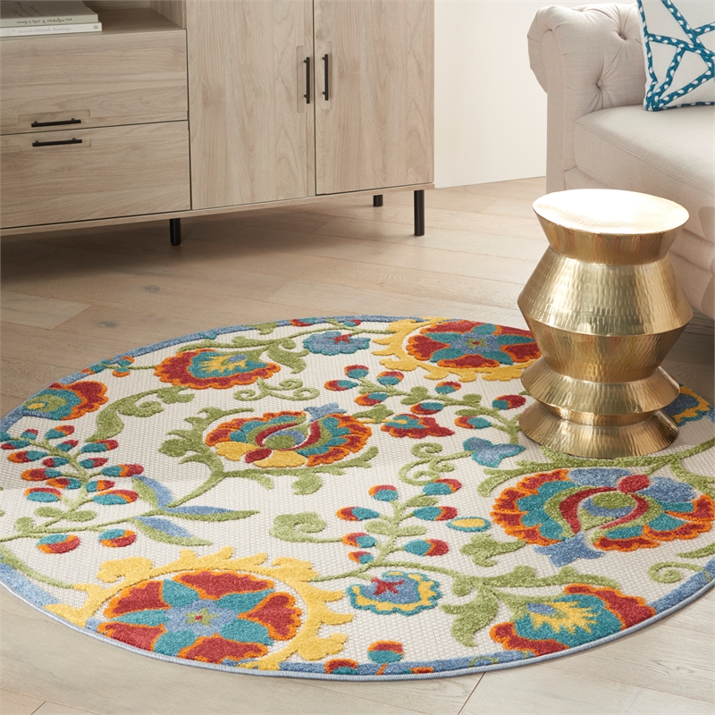 Nourison Aloha 4' x Round Ivory Multicolor Fabric Farmhouse Area Rug (4' Round)