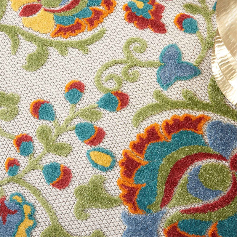 Nourison Aloha 4' x Round Ivory Multicolor Fabric Farmhouse Area Rug (4' Round)