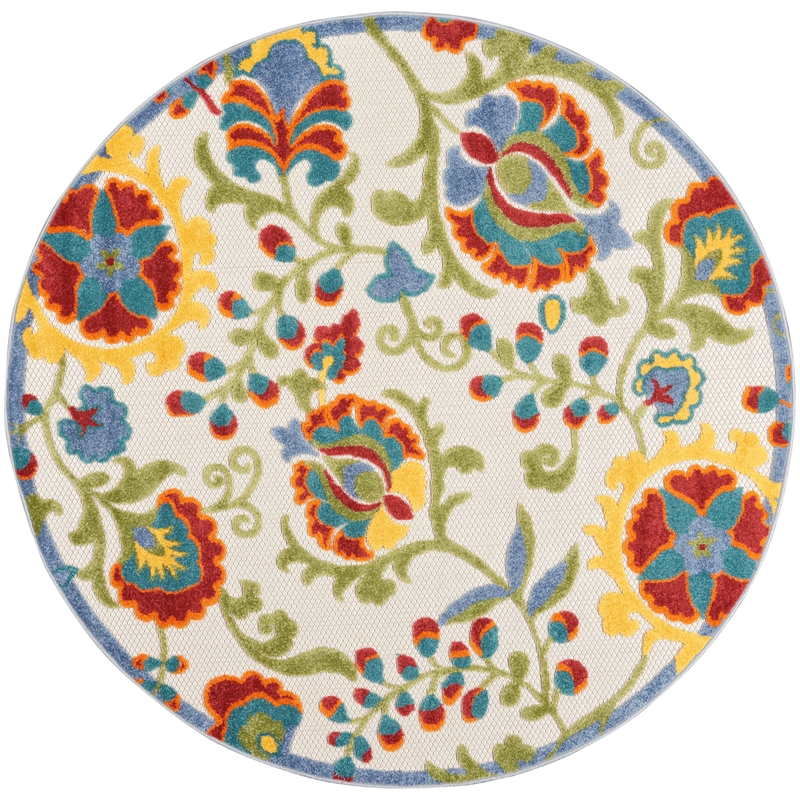Nourison Aloha 4' x Round Ivory Multicolor Fabric Farmhouse Area Rug (4' Round)