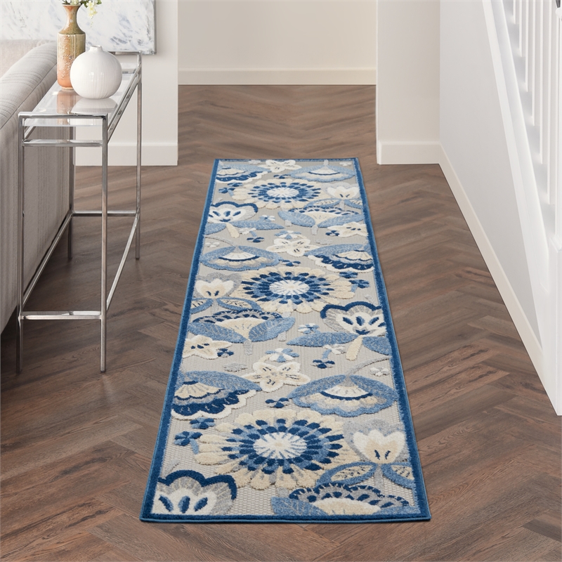Nourison Aloha 10' Runner Blue Gray Fabric Farmhouse Area Rug (10' Runner)