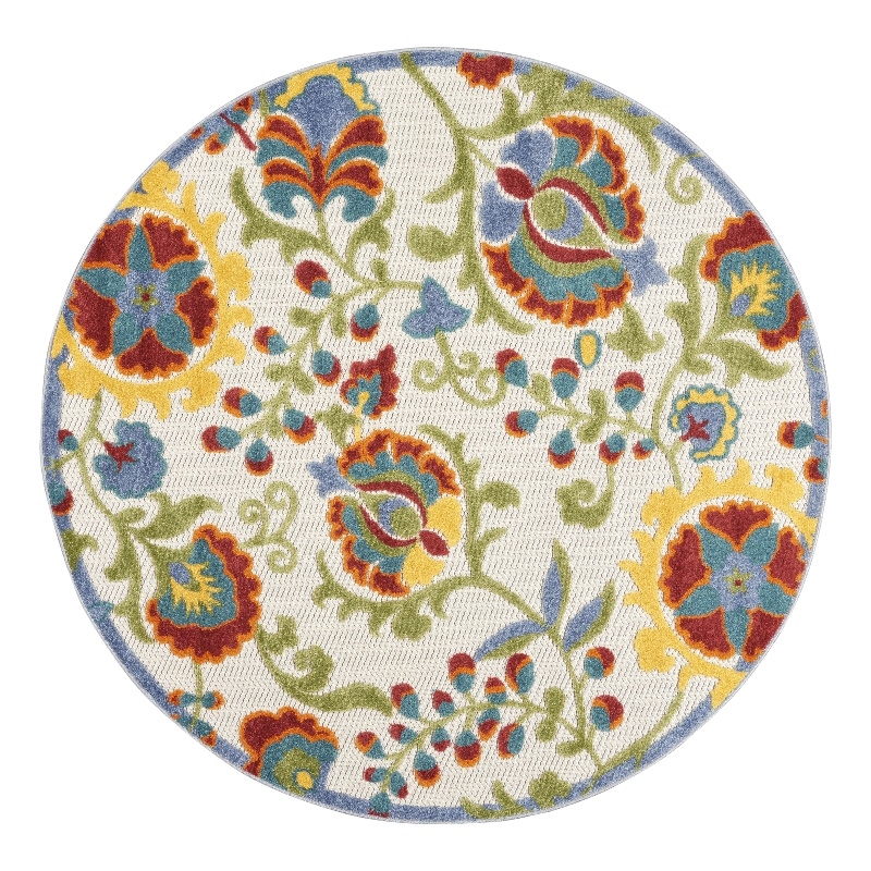 Nourison Aloha 5' x Round Ivory Multicolor Fabric Farmhouse Area Rug (5' Round)