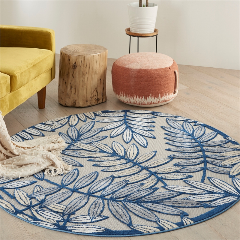 Nourison Aloha 5' x Round Ivory Navy Fabric Tropical Area Rug (5' Round)