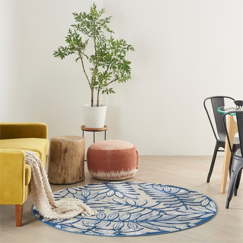 Nourison Aloha 5' x Round Ivory Navy Fabric Tropical Area Rug (5' Round)