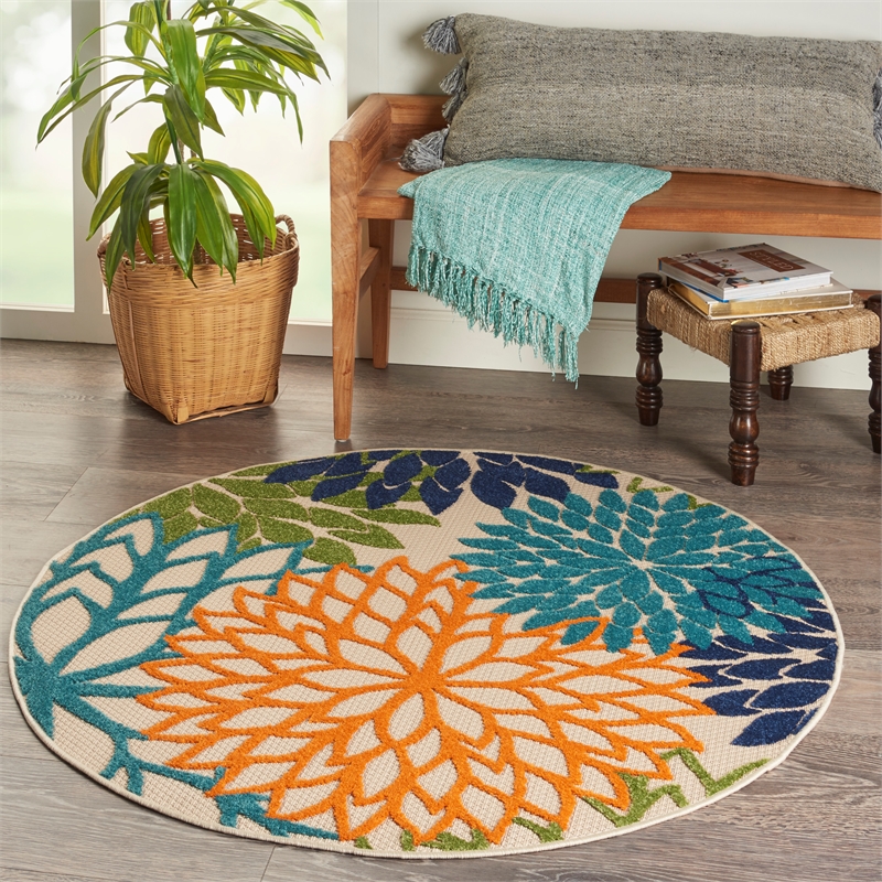 Nourison Aloha 5' x Round Multicolor Fabric Tropical Area Rug (5' Round)