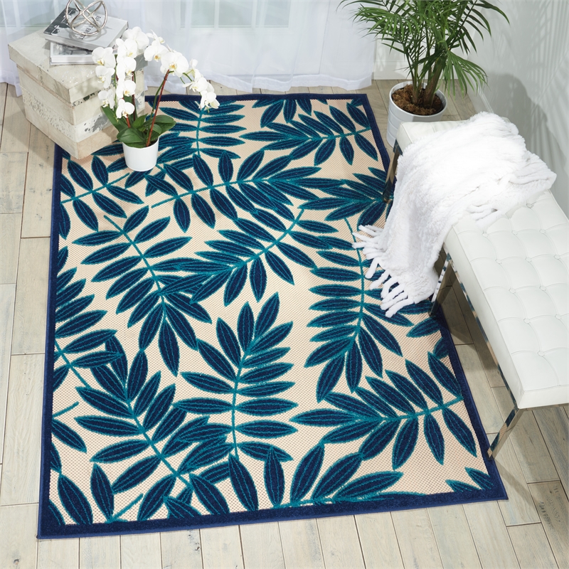 Nourison Aloha 5' x 8' Navy Blue and White Fabric Tropical Area Rug (5' x 8')