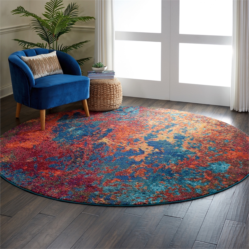 Nourison Celestial 8' x Round Blue and Red Fabric Modern Area Rug (8' Round)