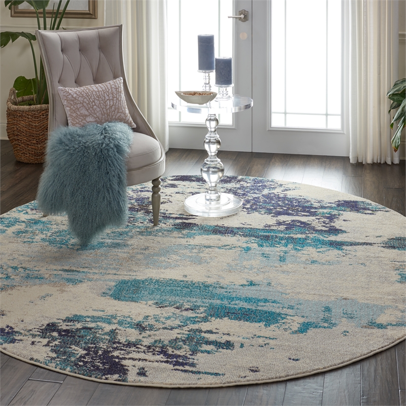 Nourison Celestial 8' x Round Blue and White Fabric Modern Area Rug (8' Round)