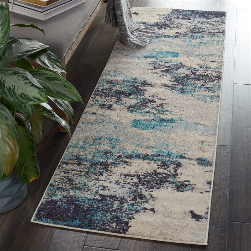 Nourison Celestial 6' Runner Blue and White Fabric Modern Area Rug (6' Runner)