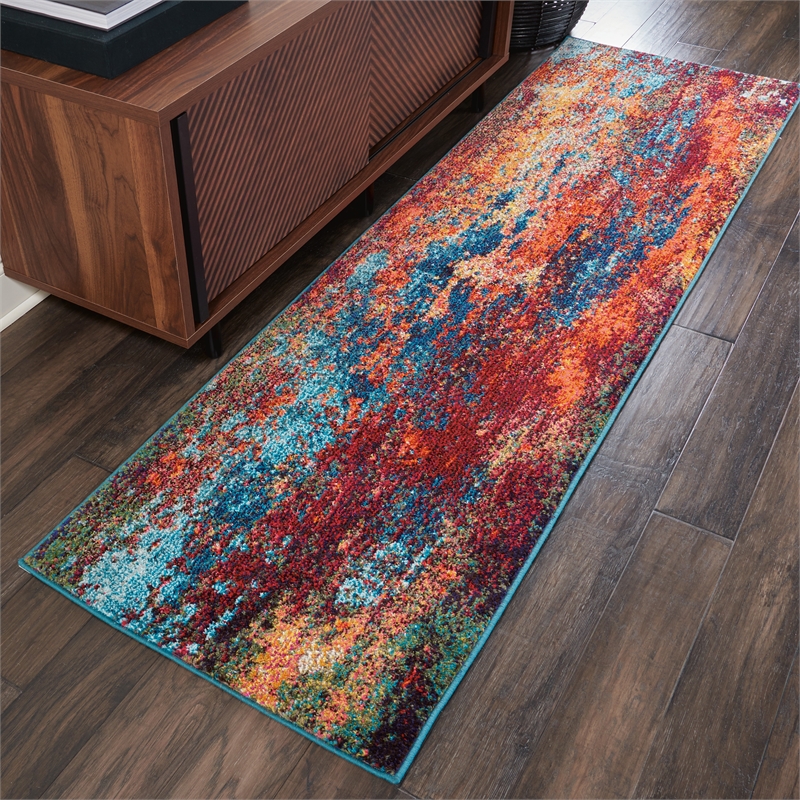 Nourison Celestial 8' Runner Blue and Red Fabric Modern Area Rug (8' Runner)