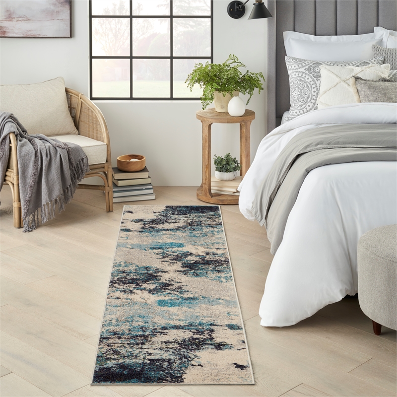 nourison celestial 8' runner blue and white fabric modern area rug (8' runner)