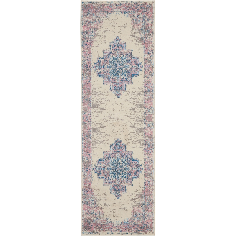 Nourison Grafix 8' Runner White and Pink Fabric Vintage Area Rug (8' Runner)