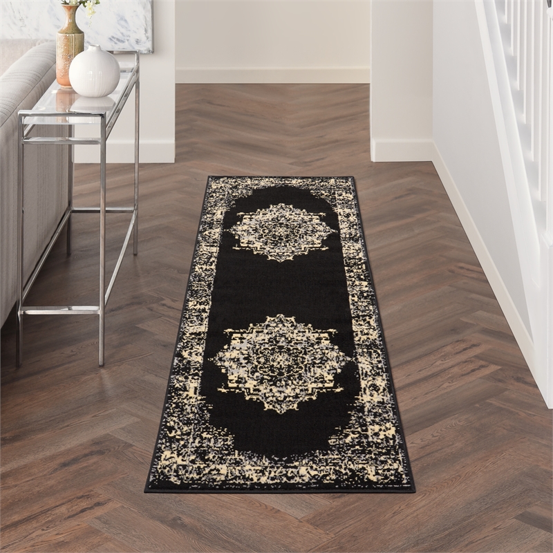 Nourison Grafix 8' Runner Black Fabric Vintage Area Rug (8' Runner)