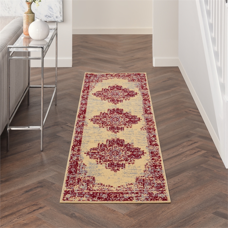 Nourison Grafix 8' Runner Red and White Fabric Vintage Area Rug (8' Runner)
