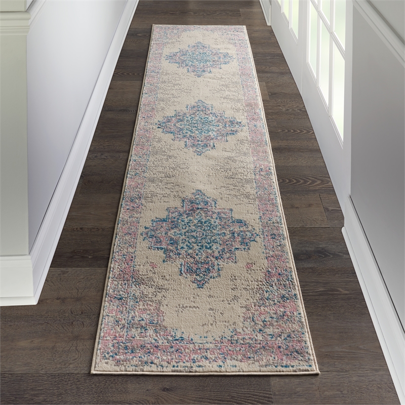Nourison Grafix 12' Runner White and Pink Fabric Vintage Area Rug (12' Runner)