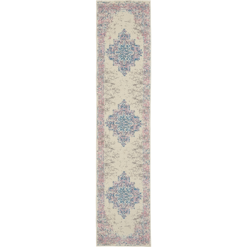 Nourison Grafix 12' Runner White and Pink Fabric Vintage Area Rug (12' Runner)