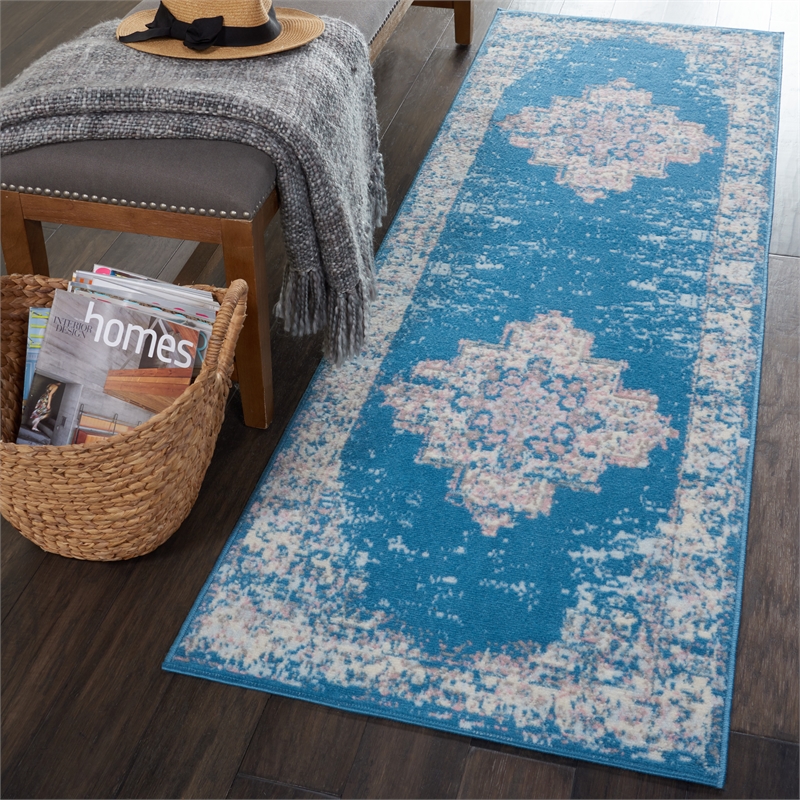 Nourison Grafix 8' Runner Blue Fabric Vintage Area Rug (8' Runner)