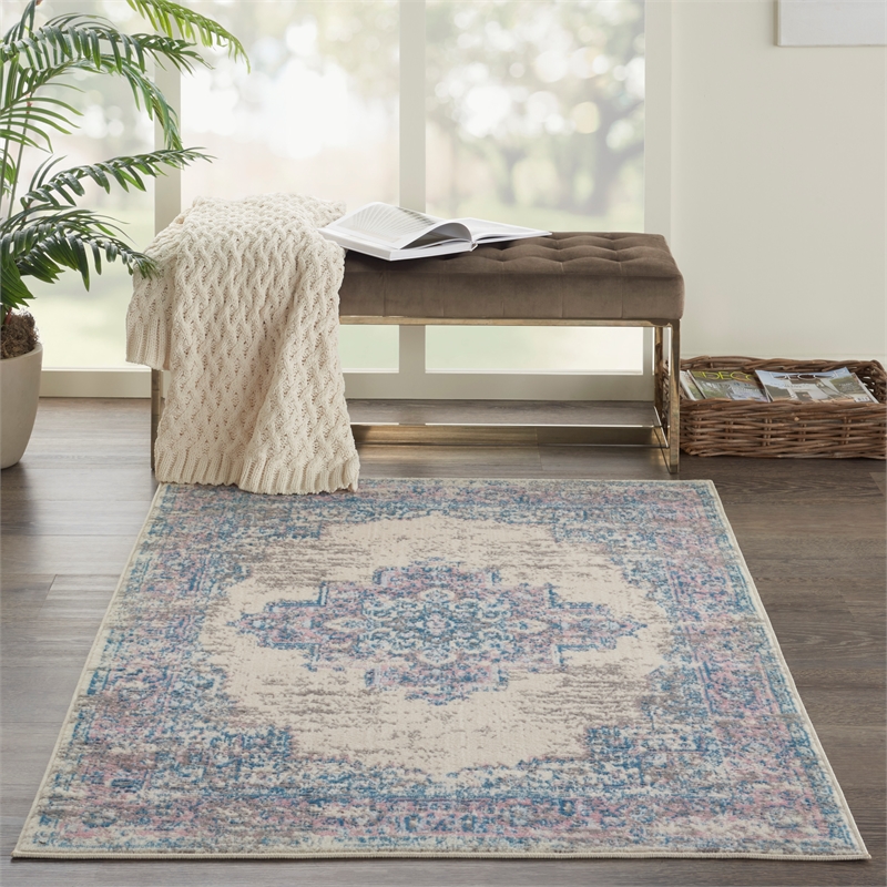 Nourison Grafix 3' x 5' White and Pink Fabric Vintage Area Rug (3' x 5')