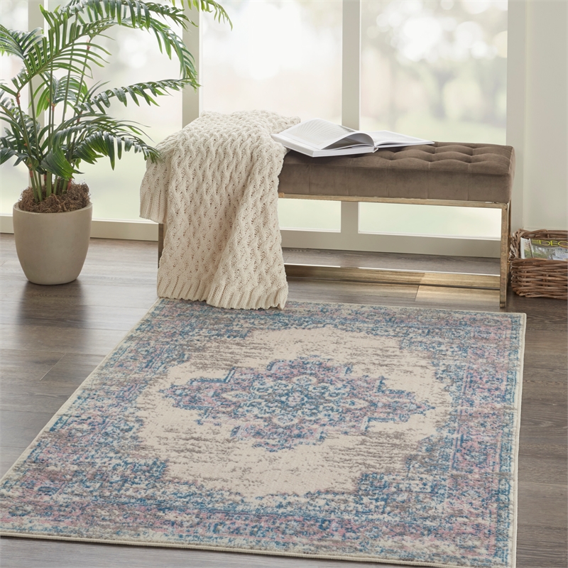 Nourison Grafix 3' x 5' White and Pink Fabric Vintage Area Rug (3' x 5')