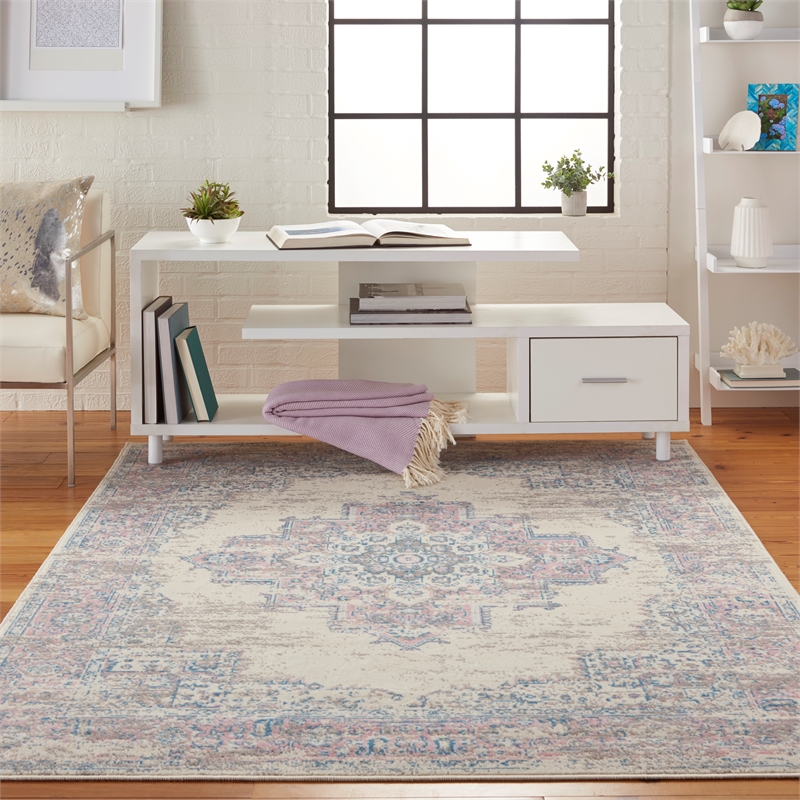 Nourison Grafix 5' x 7' White and Pink Fabric Vintage Area Rug (5' x 7')