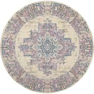 Nourison Grafix 8' x Round White and Pink Fabric Vintage Area Rug (8' Round)