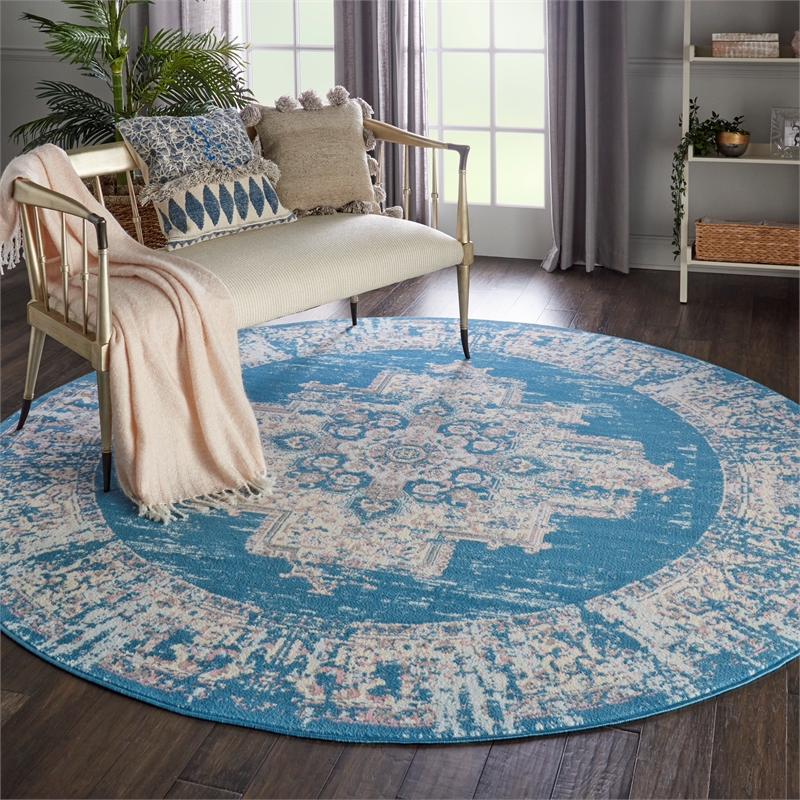 Nourison Grafix 8' x Round Blue Fabric Vintage Area Rug (8' Round)