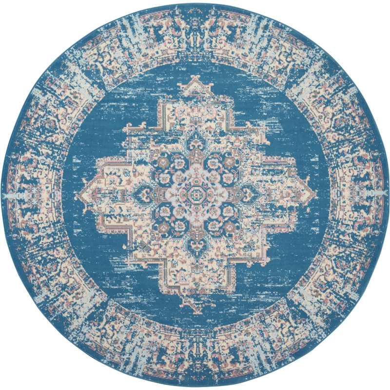 Nourison Grafix 8' x Round Blue Fabric Vintage Area Rug (8' Round)