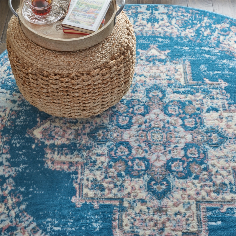 Nourison Grafix 5' x Round Blue Fabric Vintage Area Rug (5' Round)