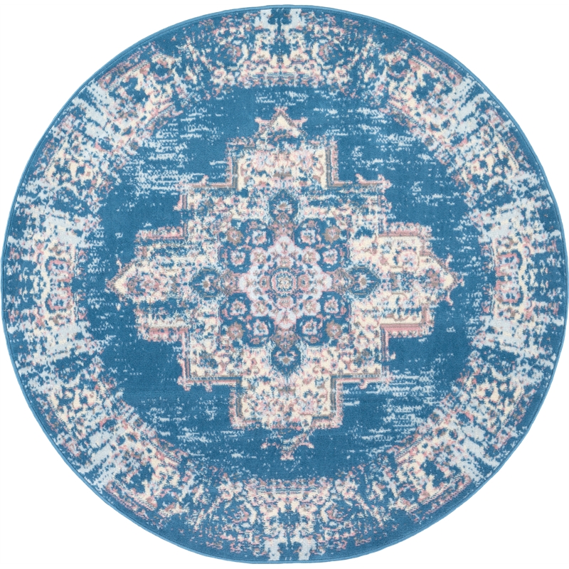 Nourison Grafix 5' x Round Blue Fabric Vintage Area Rug (5' Round)
