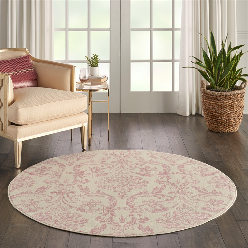 Nourison Jubilant 5' x Round White and Pink Fabric Vintage Area Rug (5' Round)
