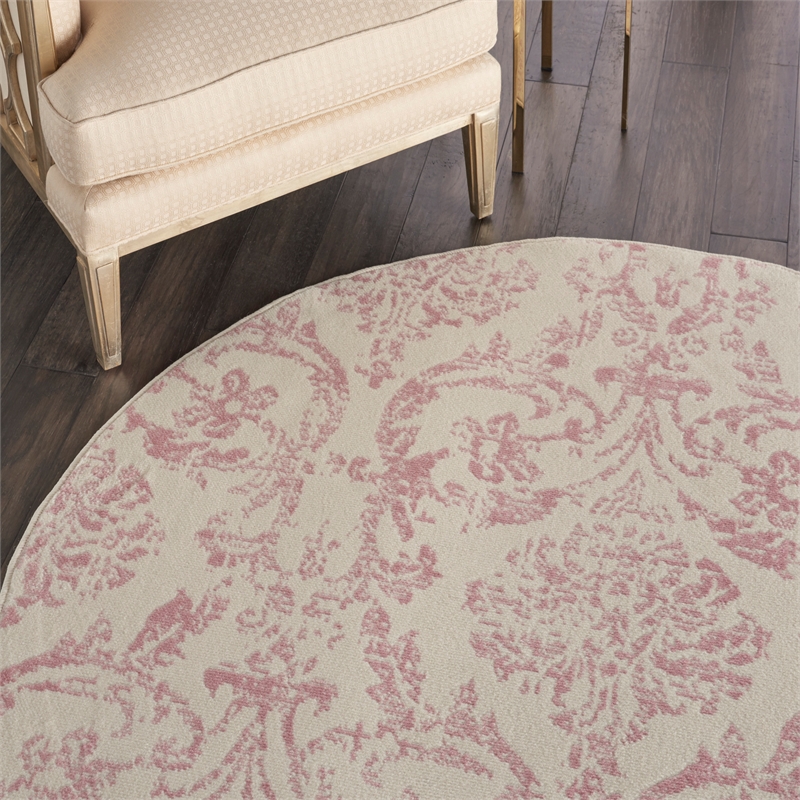 Nourison Jubilant 5' x Round White and Pink Fabric Vintage Area Rug (5' Round)