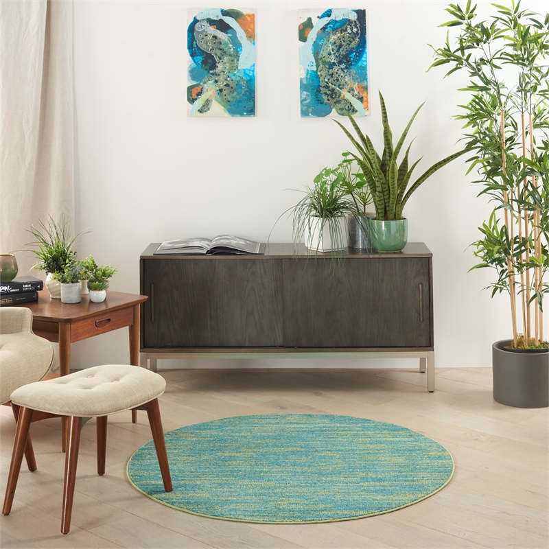 Nourison Essentials 4' x Round Blue Green Fabric Outdoor Area Rug (4' Round)