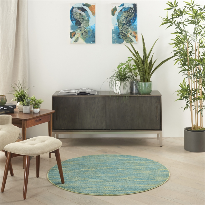 Nourison Essentials 4' x Round Blue Green Fabric Outdoor Area Rug (4' Round)