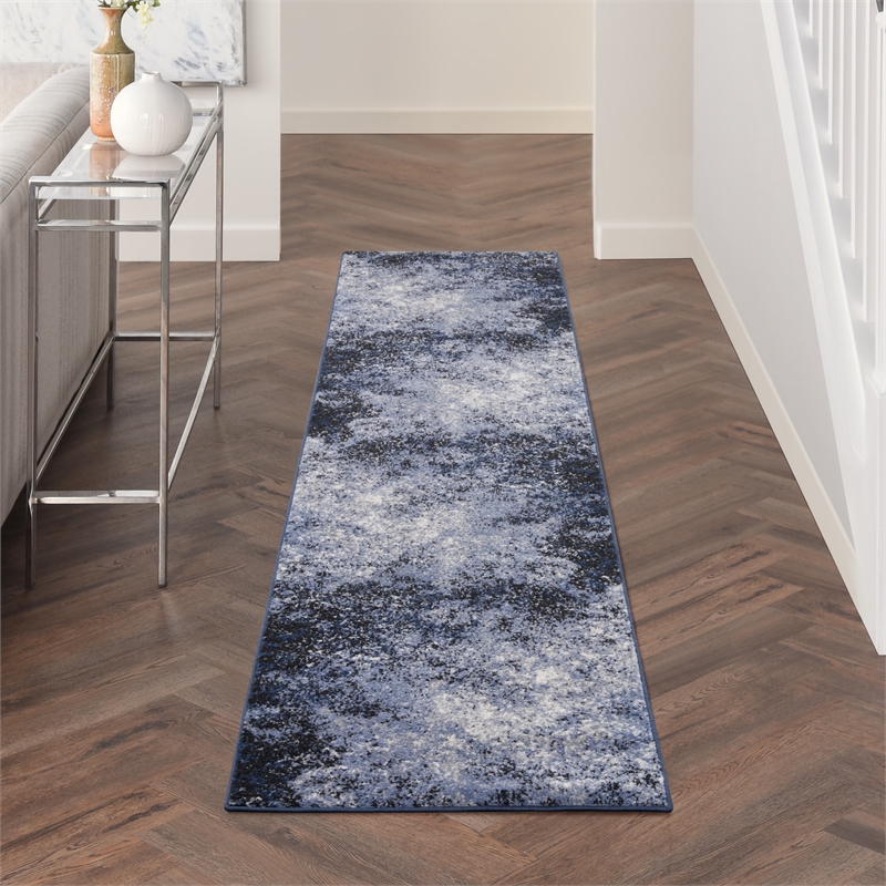 Nourison Passion 10' Runner Light Blue Black Fabric Modern Area Rug (10' Runner)