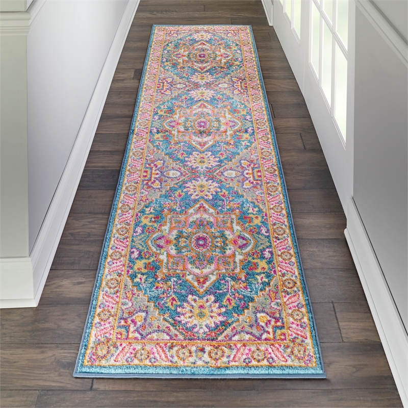 nourison passion 8' runner teal multicolor fabric bohemian area rug (8' runner)