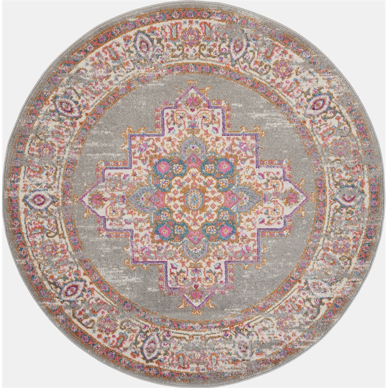 Nourison Passion 4' x Round Gray Fabric Bohemian Area Rug (4' Round)