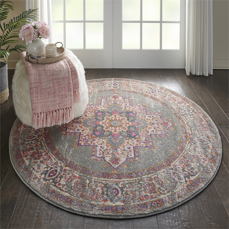 Nourison Passion 4' x Round Gray Fabric Bohemian Area Rug (4' Round)