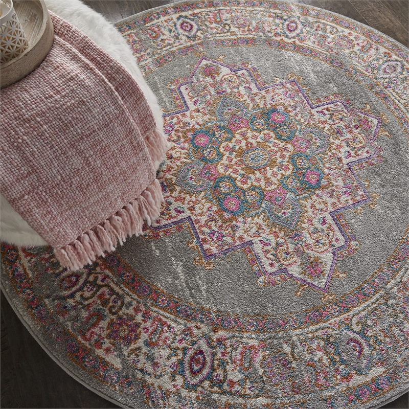Nourison Passion 4' x Round Gray Fabric Bohemian Area Rug (4' Round)