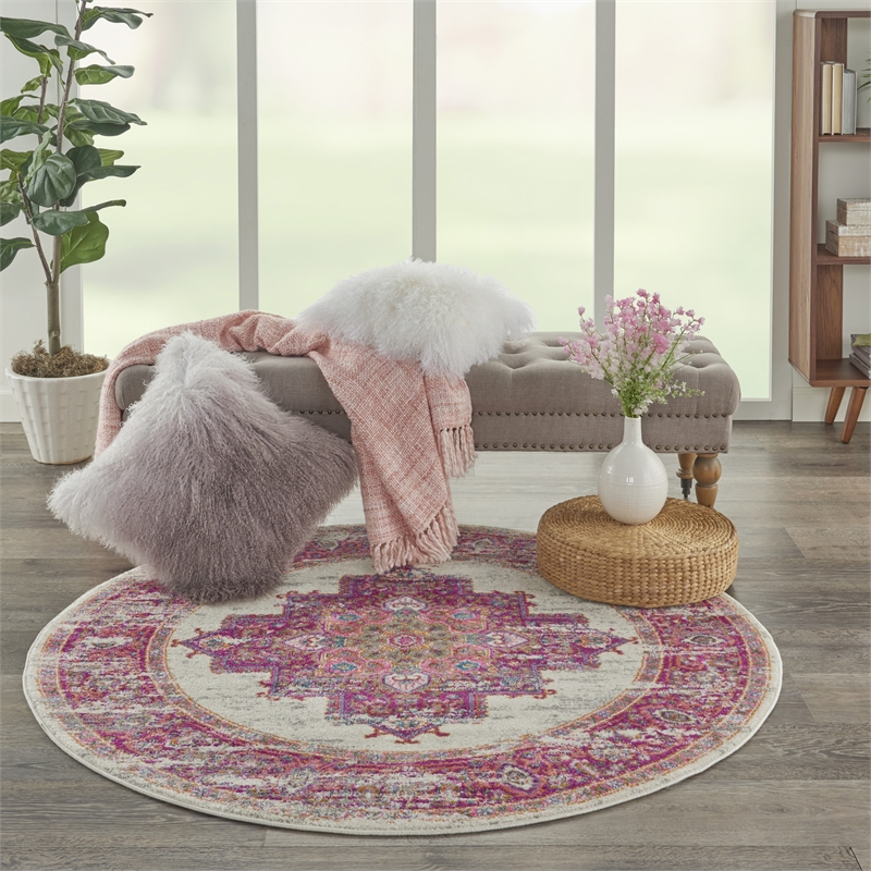 Nourison Passion 4' x Round Pink and White Fabric Bohemian Area Rug (4' Round)