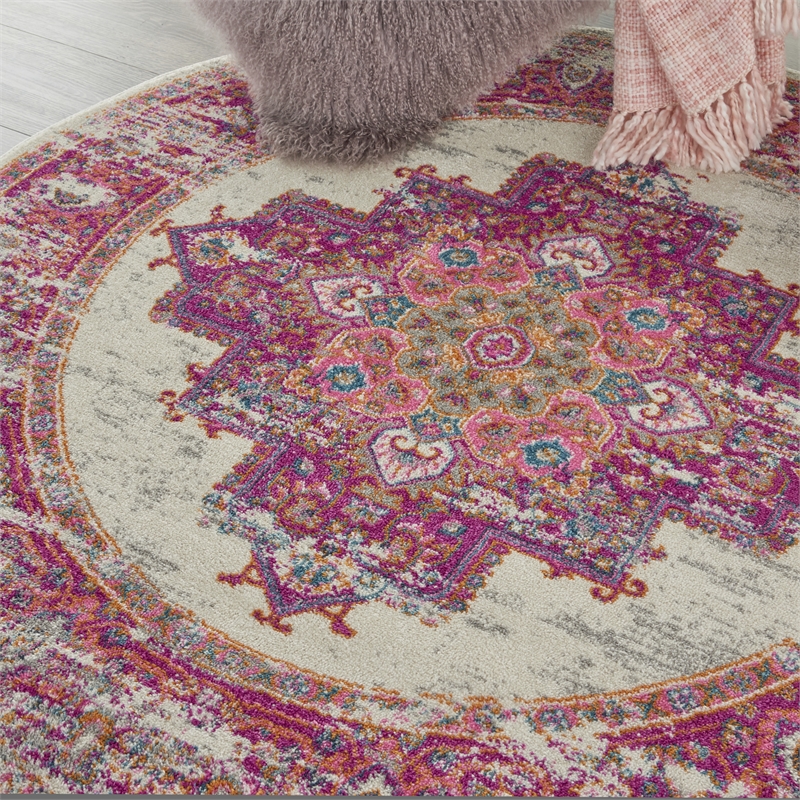 Nourison Passion 4' x Round Pink and White Fabric Bohemian Area Rug (4' Round)