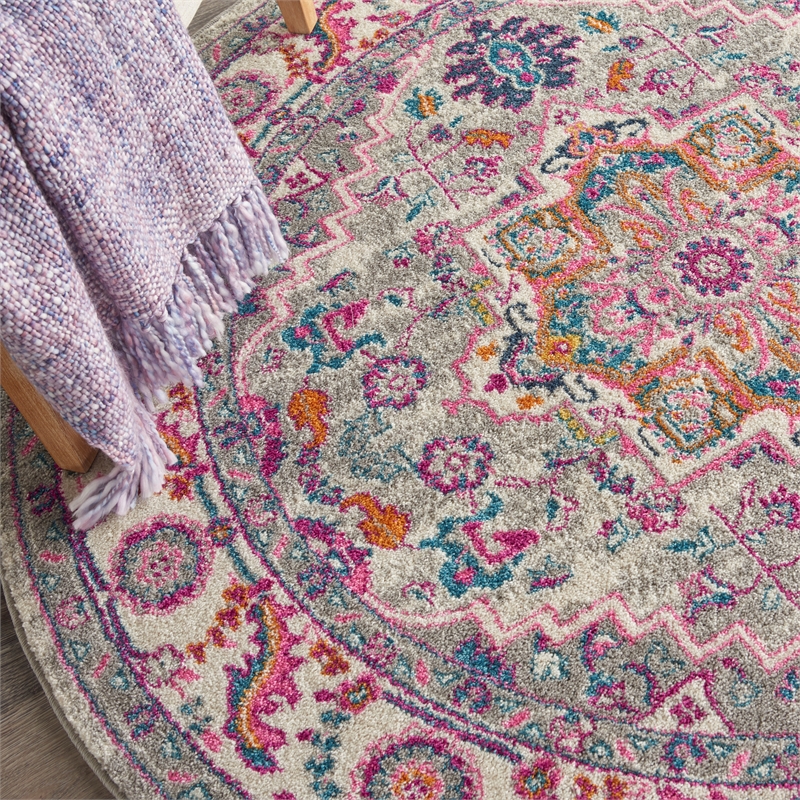 Nourison Passion 4' x Round Gray and Pink Fabric Bohemian Area Rug (4' Round)