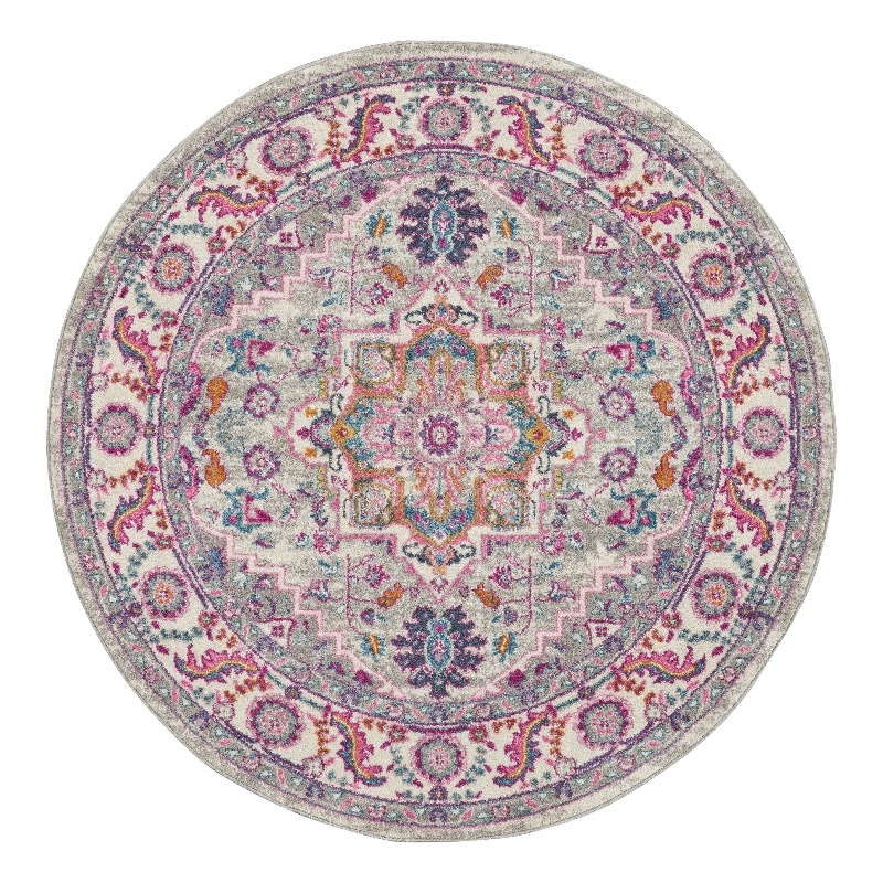 Nourison Passion 4' x Round Gray and Pink Fabric Bohemian Area Rug (4' Round)